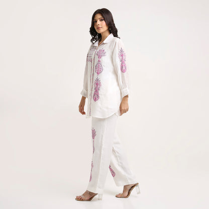 Chikankari Co ord in White Pure Chanderi Linen Silk with Rose Pink n Dusty Mauve embroidery