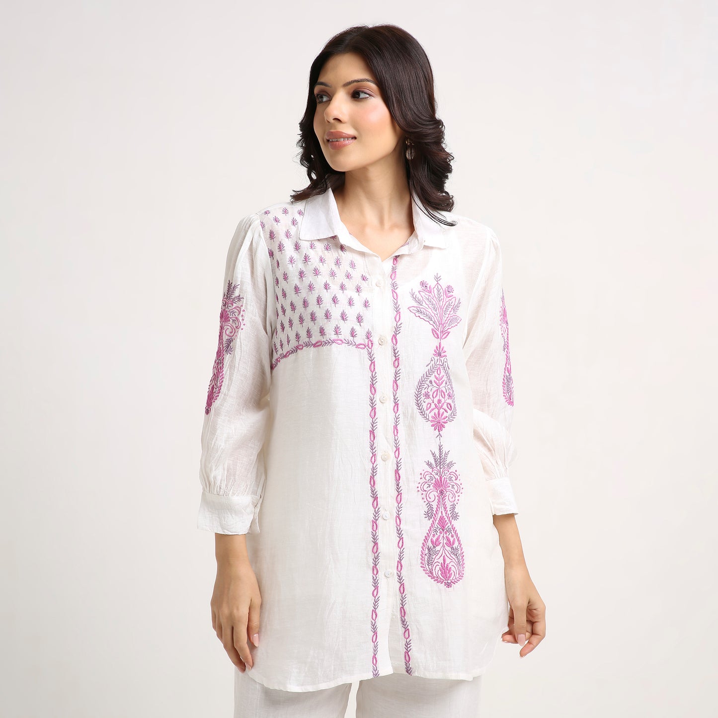 Chikankari Co ord in White Pure Chanderi Linen Silk with Rose Pink n Dusty Mauve embroidery