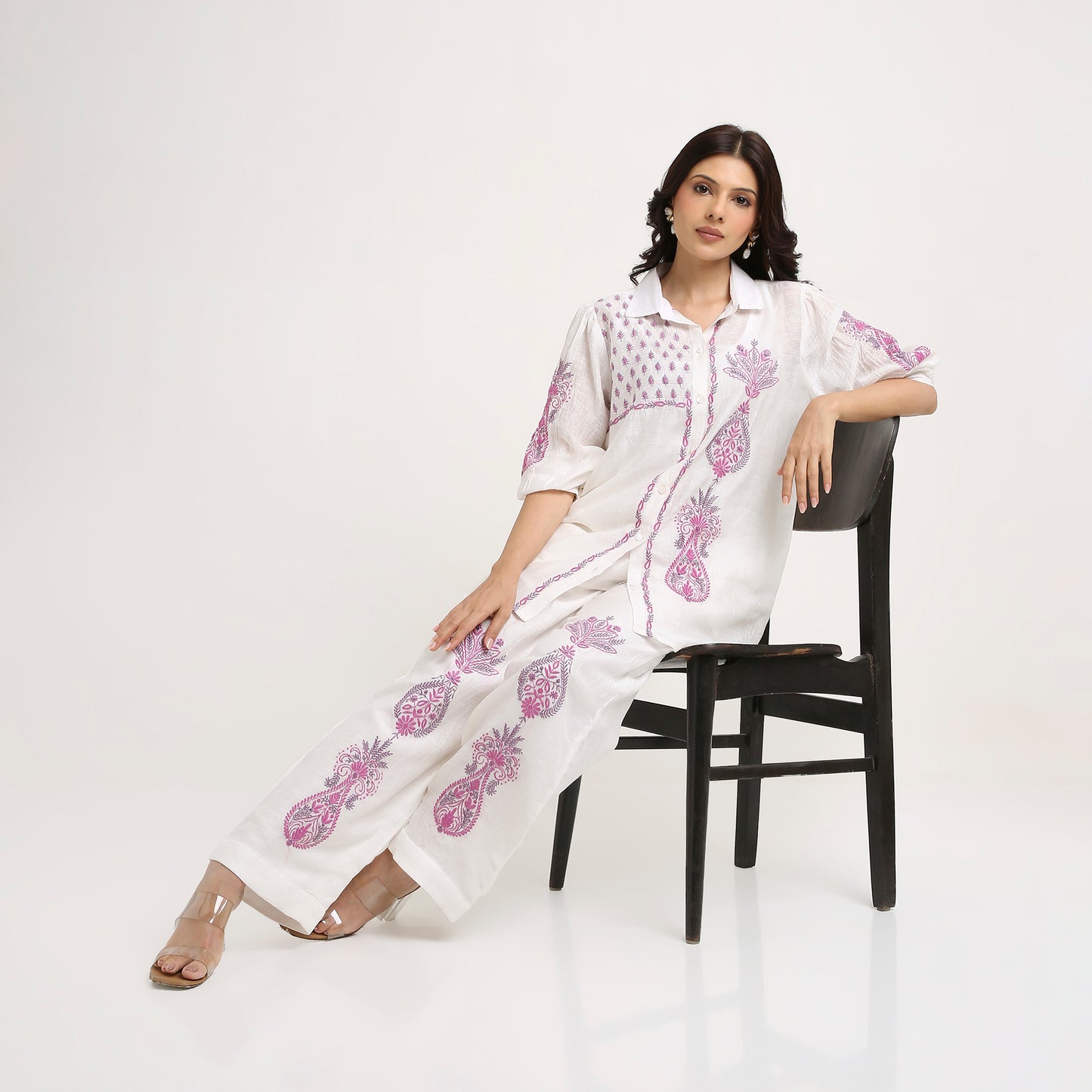 Chikankari Co ord in White Pure Chanderi Linen Silk with Rose Pink n Dusty Mauve embroidery