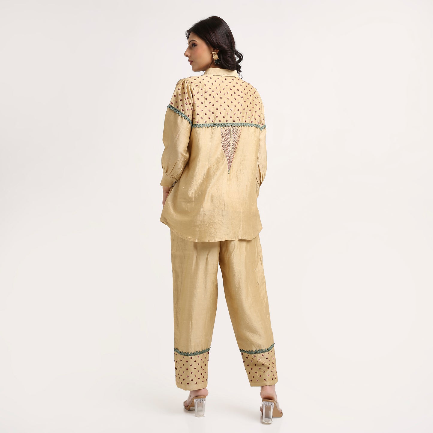 Chikankari Co ord in Gold Pure Chanderi Silk with Magenta n Green embroidery
