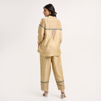 Chikankari Co ord in Gold Pure Chanderi Silk with Magenta n Green embroidery