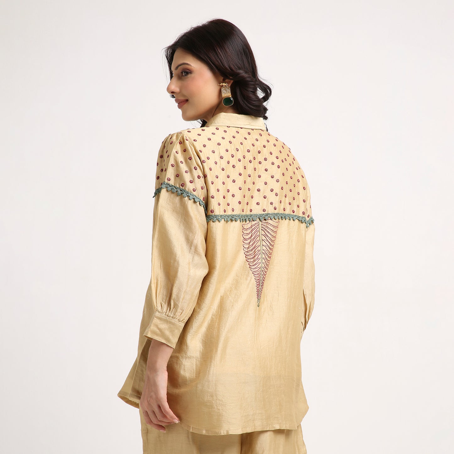 Chikankari Co ord in Gold Pure Chanderi Silk with Magenta n Green embroidery