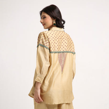 Chikankari Co ord in Gold Pure Chanderi Silk with Magenta n Green embroidery