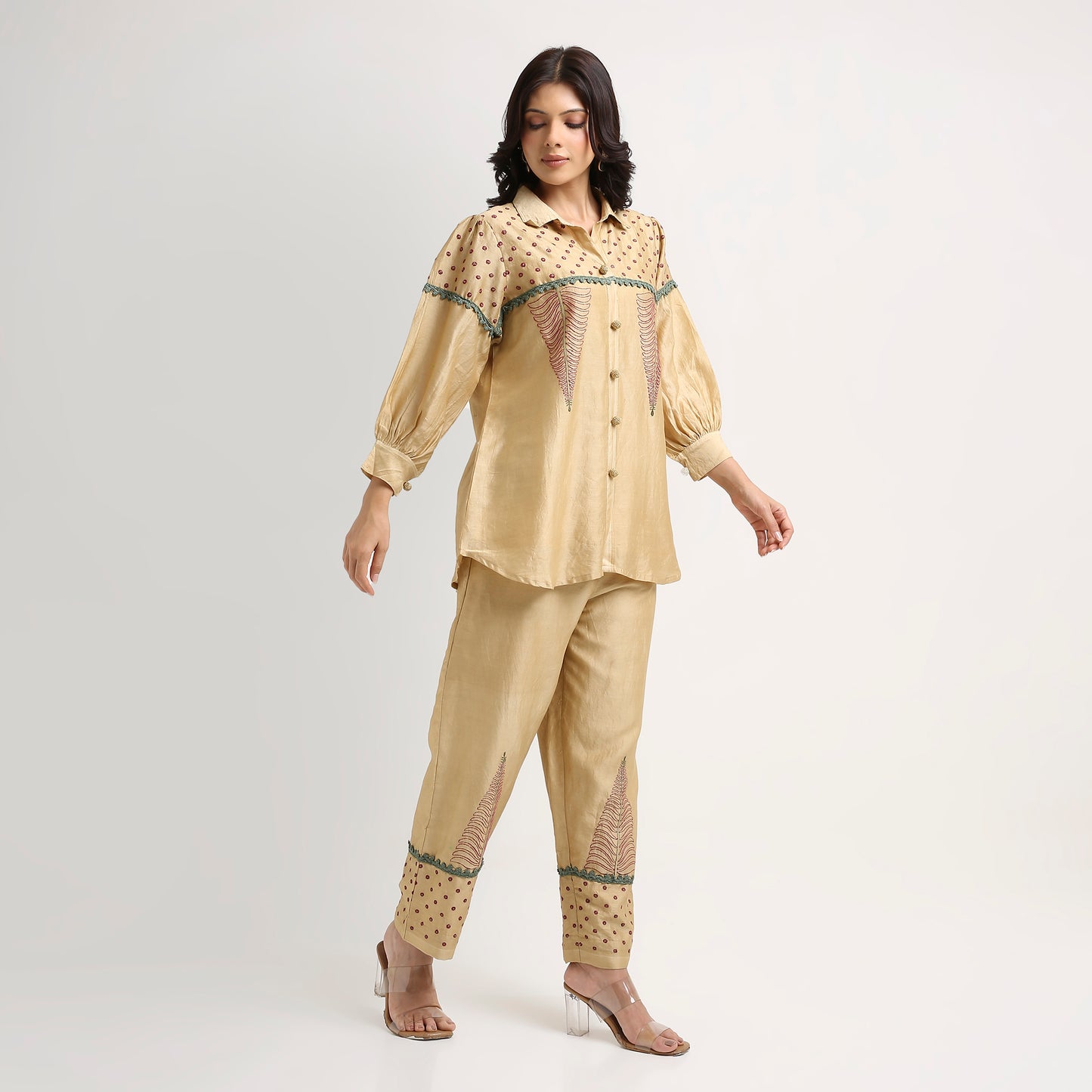 Chikankari Co ord in Gold Pure Chanderi Silk with Magenta n Green embroidery