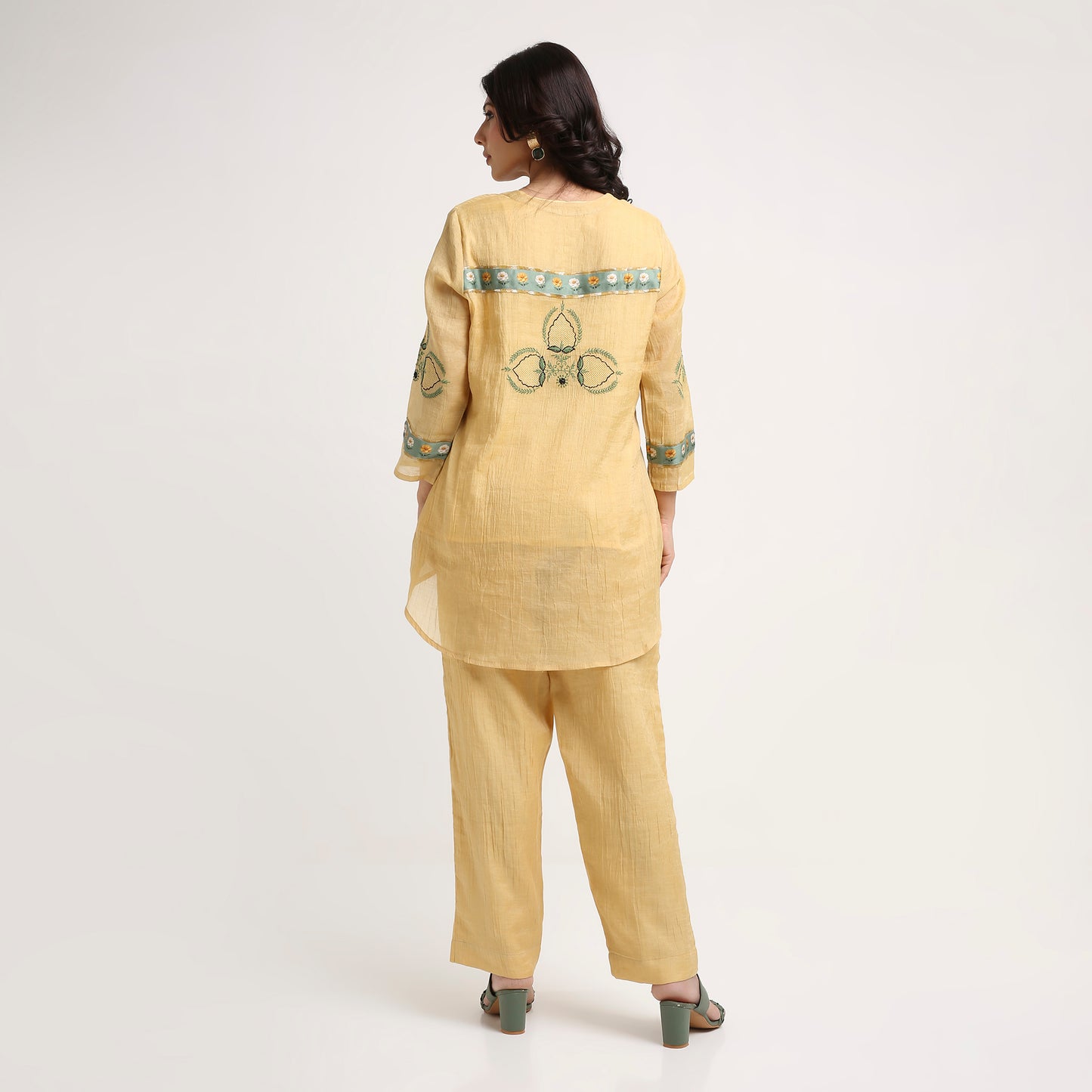 Chikankari Co ord in Gold Pure Silk Tissue Green embroidery