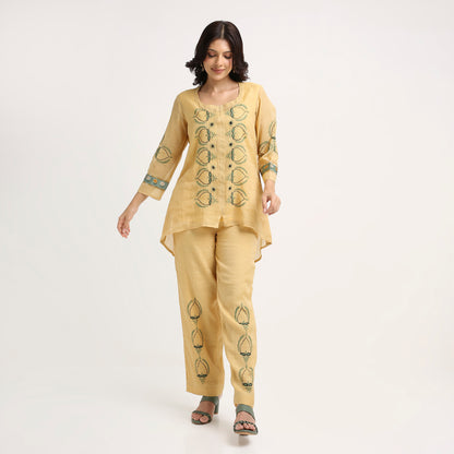 Chikankari Co ord in Gold Pure Silk Tissue Green embroidery
