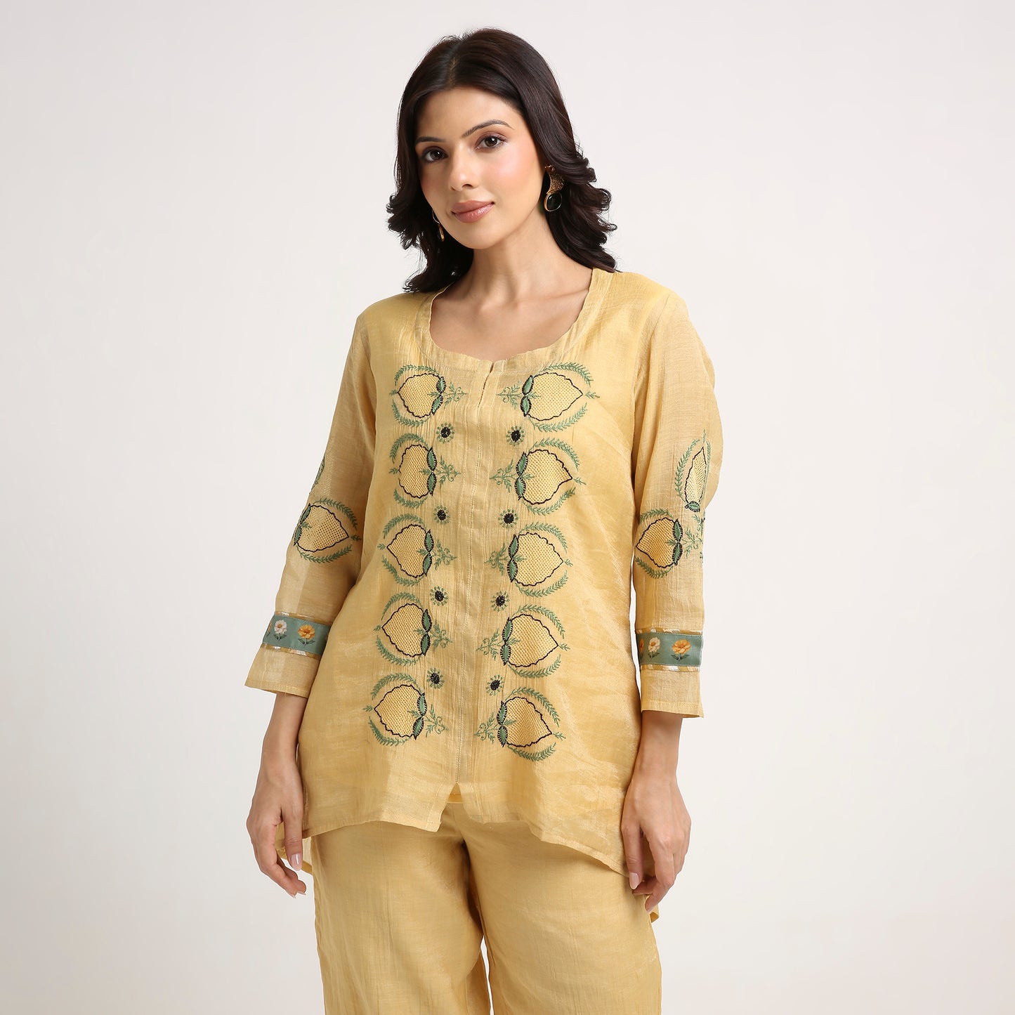 Chikankari Co ord in Gold Pure Silk Tissue Green embroidery