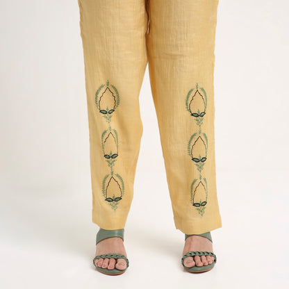 Chikankari Co ord in Gold Pure Silk Tissue Green embroidery