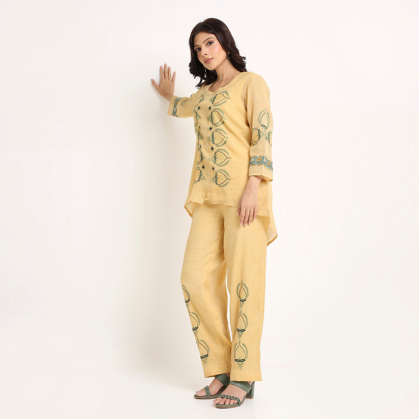 Chikankari Co ord in Gold Pure Silk Tissue Green embroidery