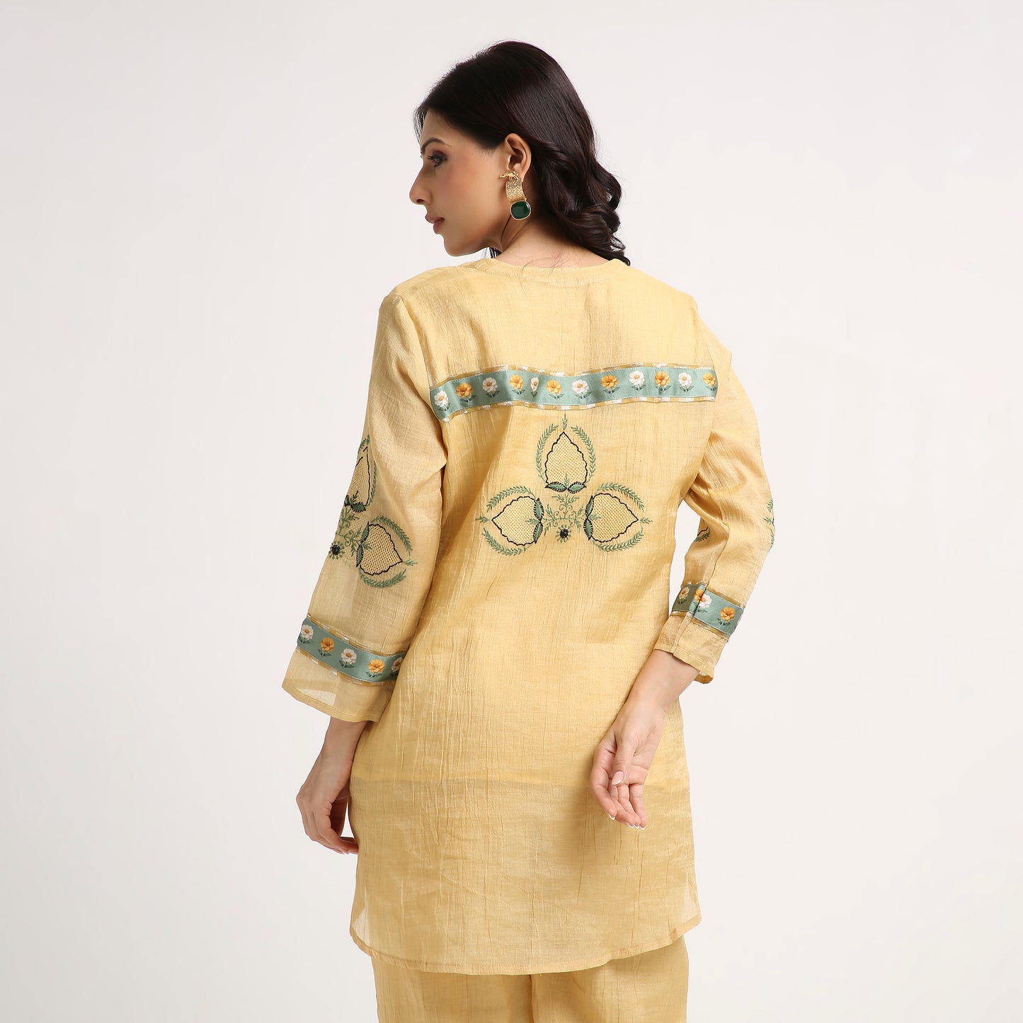 Chikankari Co ord in Gold Pure Silk Tissue Green embroidery
