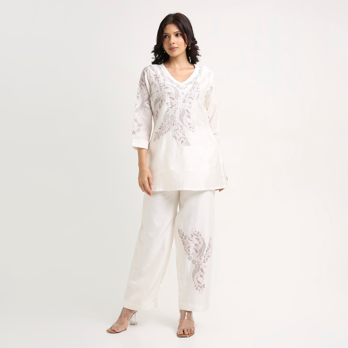 Chikankari Co ord in White Pure Chanderi Silk with Soft Pink n Dusty Mauve embroidery