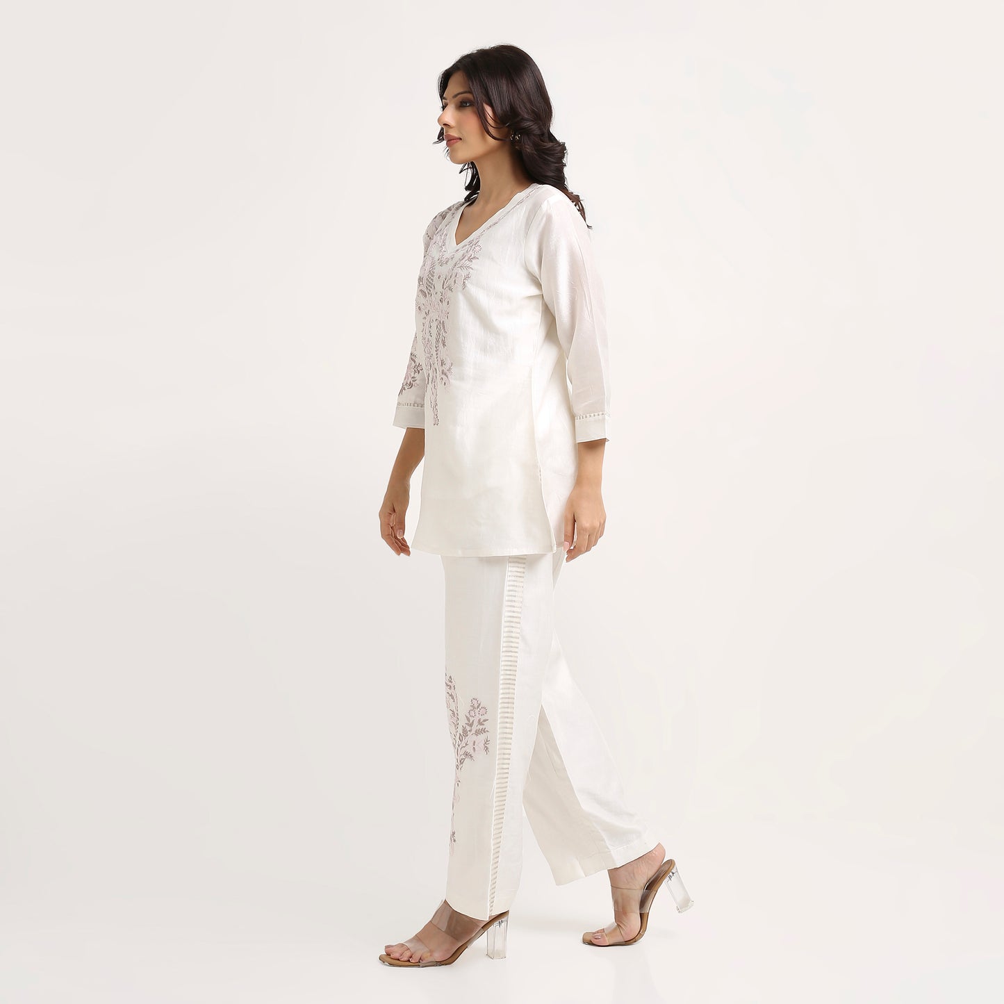 Chikankari Co ord in White Pure Chanderi Silk with Soft Pink n Dusty Mauve embroidery