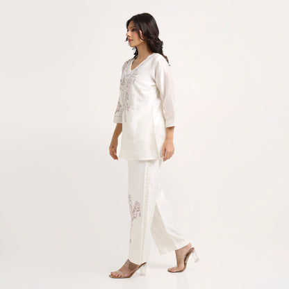Chikankari Co ord in White Pure Chanderi Silk with Soft Pink n Dusty Mauve embroidery