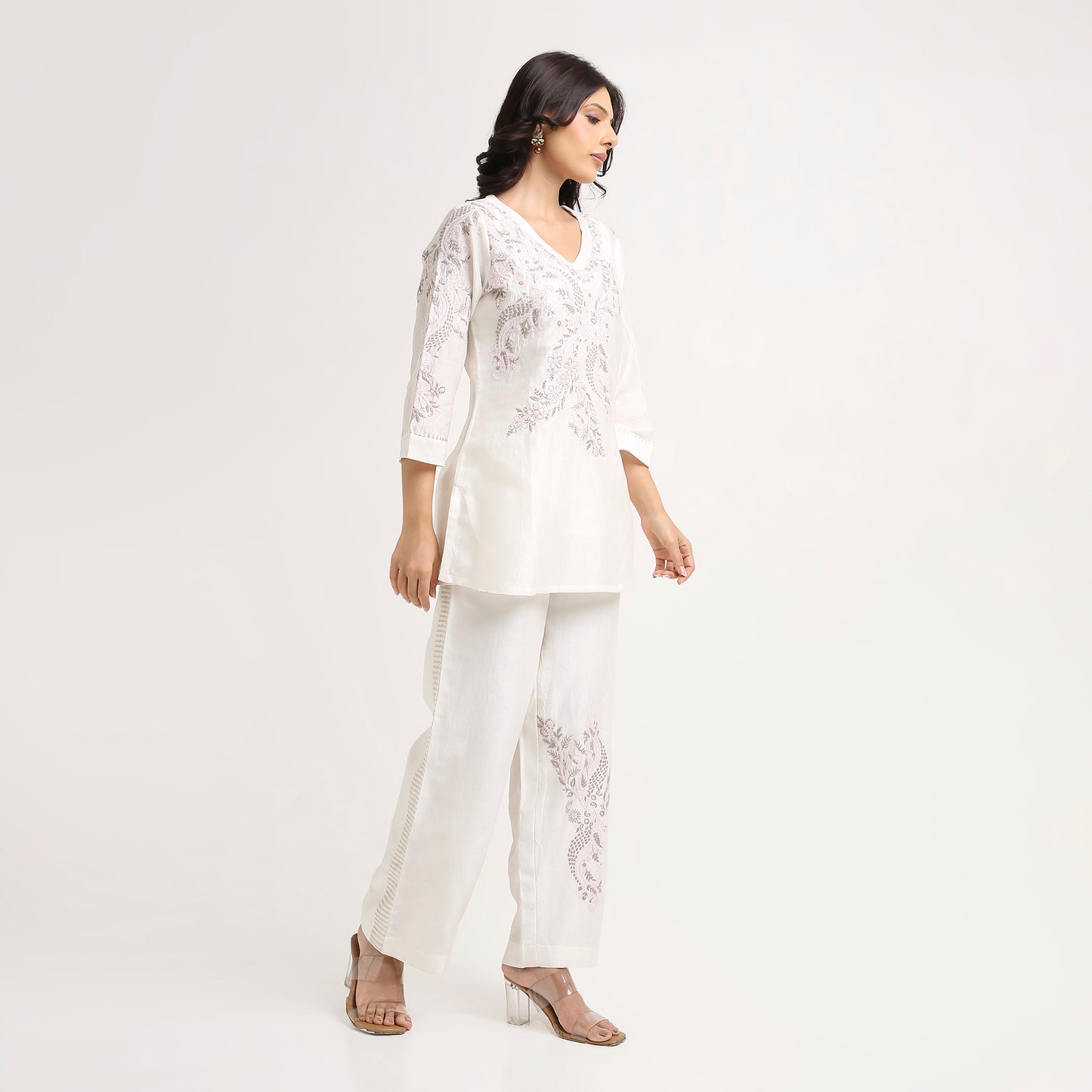 Chikankari Co ord in White Pure Chanderi Silk with Soft Pink n Dusty Mauve embroidery