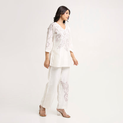 Chikankari Co ord in White Pure Chanderi Silk with Soft Pink n Dusty Mauve embroidery