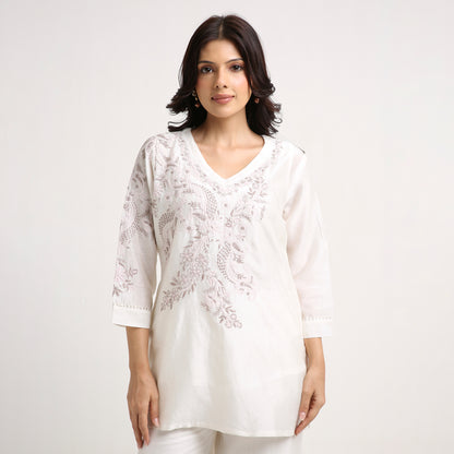 Chikankari Co ord in White Pure Chanderi Silk with Soft Pink n Dusty Mauve embroidery
