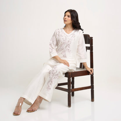 Chikankari Co ord in White Pure Chanderi Silk with Soft Pink n Dusty Mauve embroidery