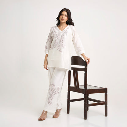 Chikankari Co ord in White Pure Chanderi Silk with Soft Pink n Dusty Mauve embroidery