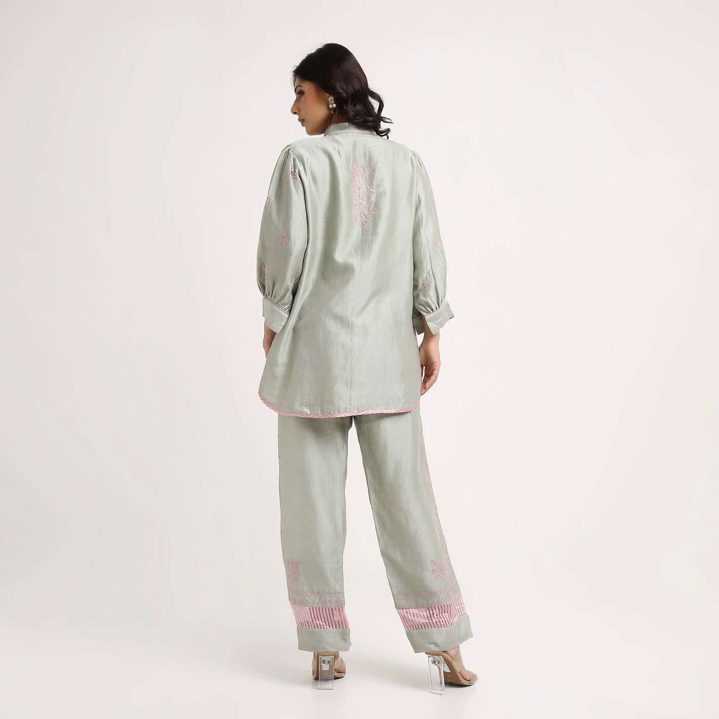 Chikankari Co ord in Sage Green Pure Chanderi Silk with Dusty Pink embroidery