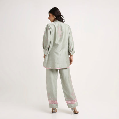 Chikankari Co ord in Sage Green Pure Chanderi Silk with Dusty Pink embroidery