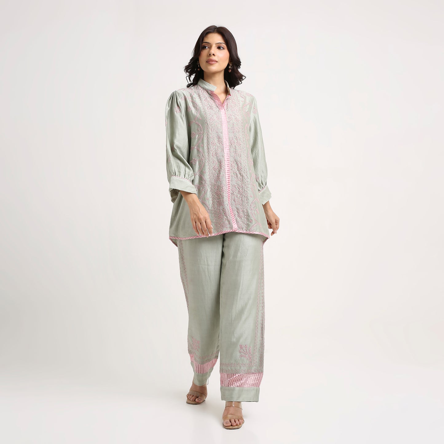 Chikankari Co ord in Sage Green Pure Chanderi Silk with Dusty Pink embroidery