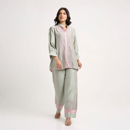 Chikankari Co ord in Sage Green Pure Chanderi Silk with Dusty Pink embroidery