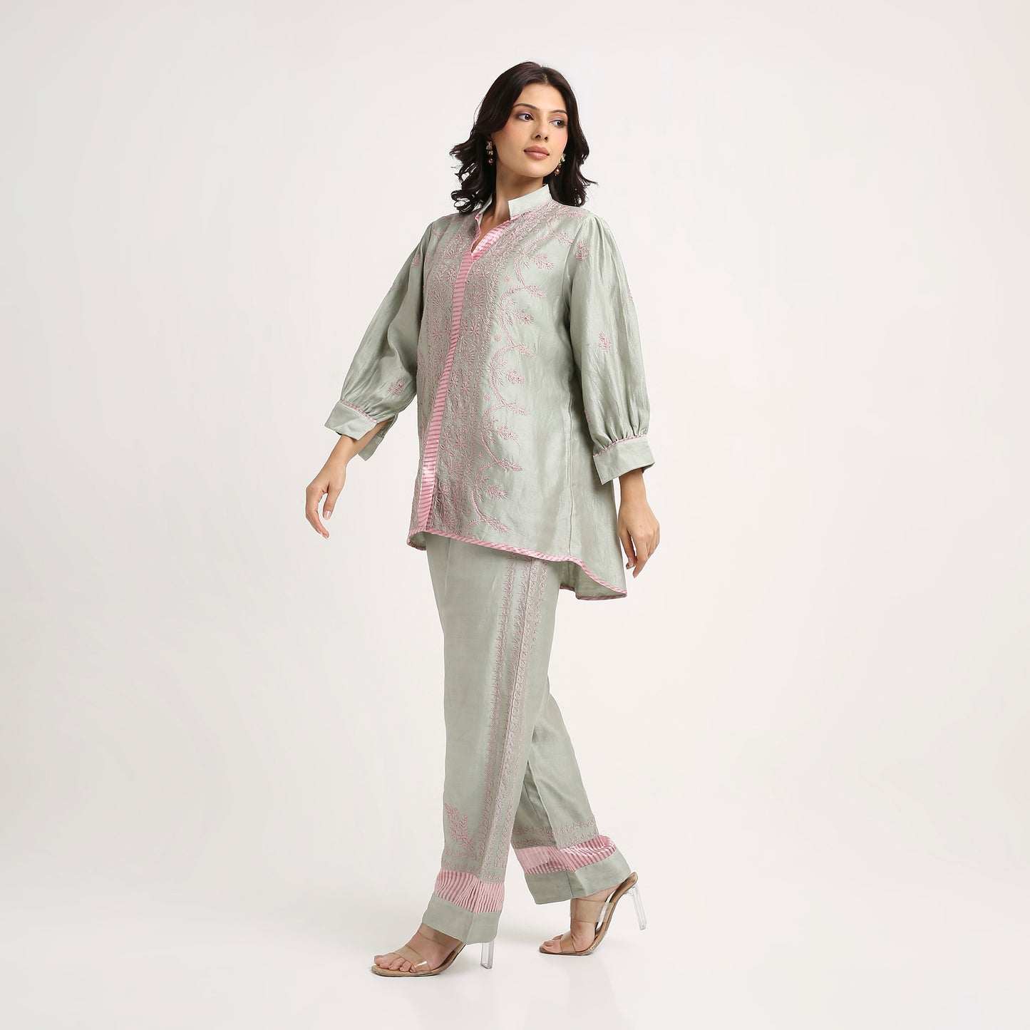 Chikankari Co ord in Sage Green Pure Chanderi Silk with Dusty Pink embroidery
