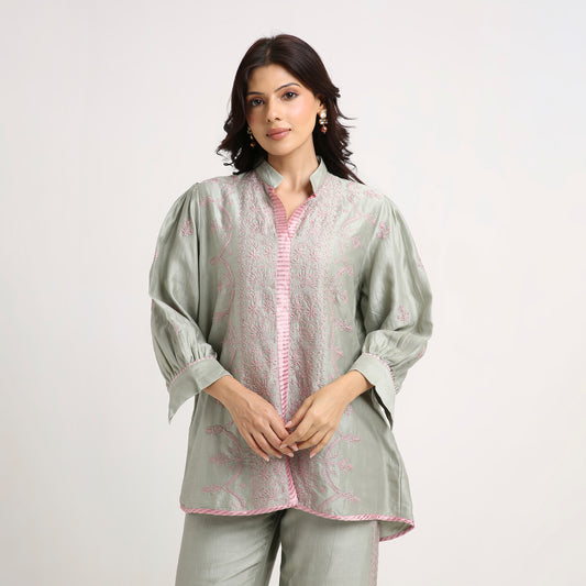Chikankari Co ord in Sage Green Pure Chanderi Silk with Dusty Pink embroidery