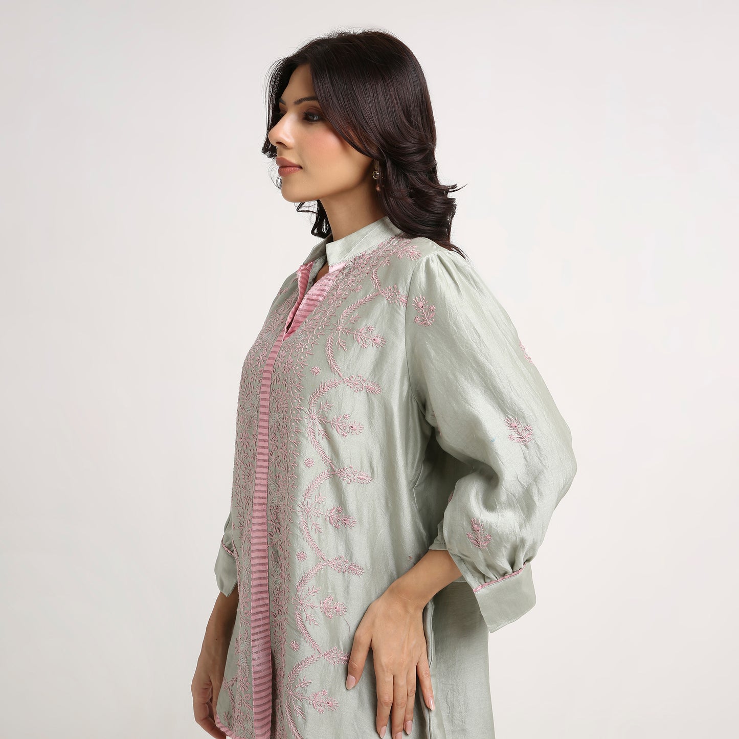 Chikankari Co ord in Sage Green Pure Chanderi Silk with Dusty Pink embroidery