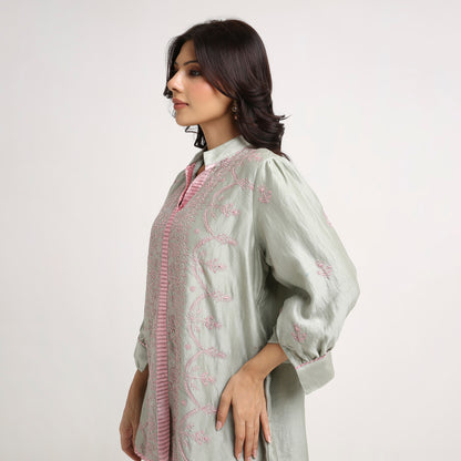 Chikankari Co ord in Sage Green Pure Chanderi Silk with Dusty Pink embroidery