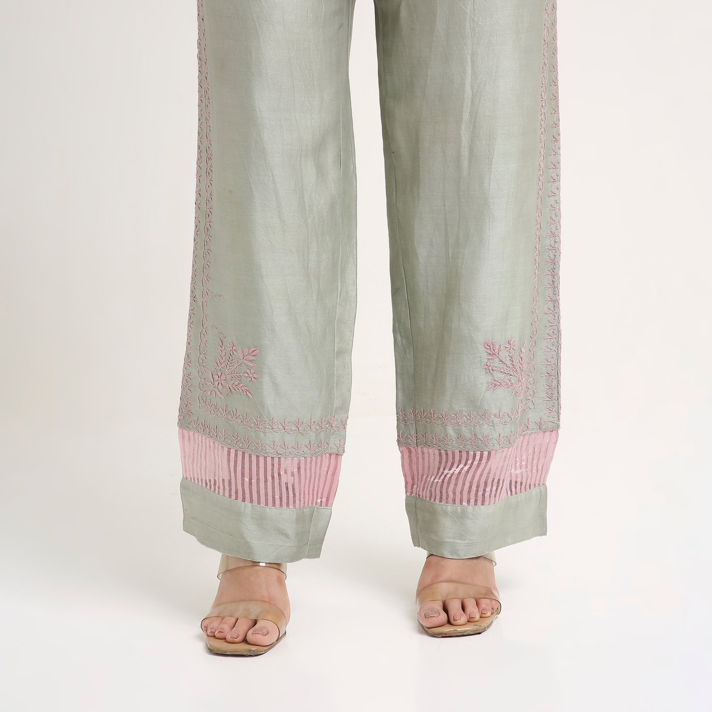 Chikankari Co ord in Sage Green Pure Chanderi Silk with Dusty Pink embroidery