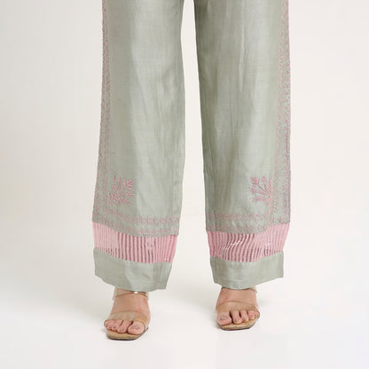 Chikankari Co ord in Sage Green Pure Chanderi Silk with Dusty Pink embroidery