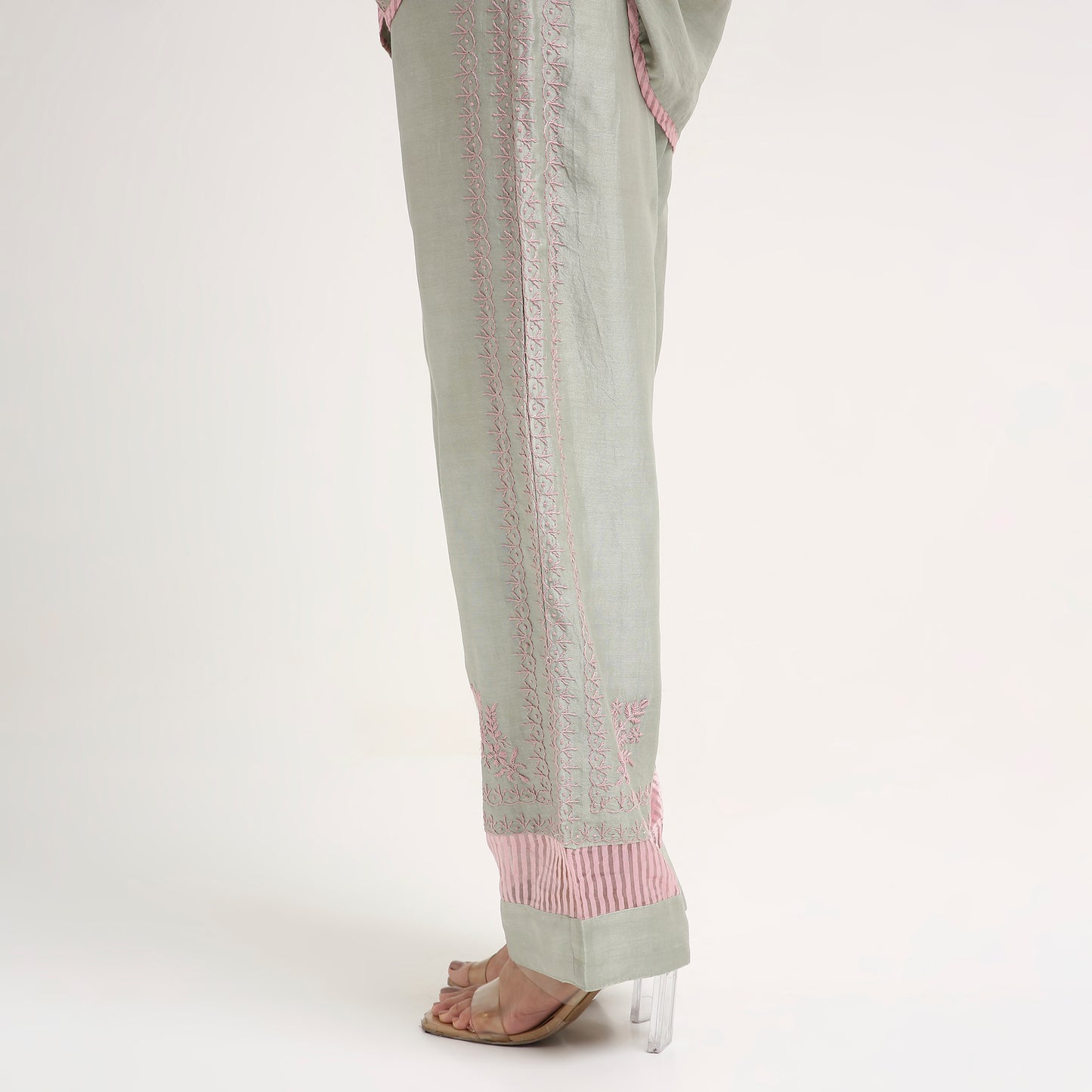 Chikankari Co ord in Sage Green Pure Chanderi Silk with Dusty Pink embroidery