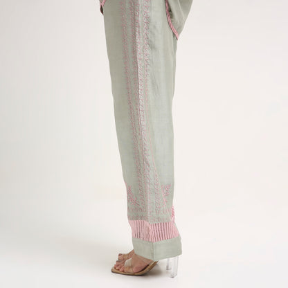Chikankari Co ord in Sage Green Pure Chanderi Silk with Dusty Pink embroidery