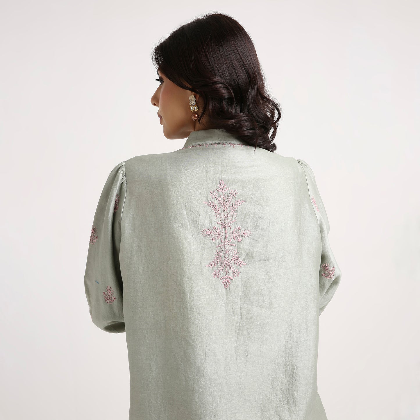 Chikankari Co ord in Sage Green Pure Chanderi Silk with Dusty Pink embroidery