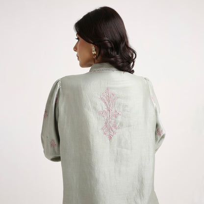 Chikankari Co ord in Sage Green Pure Chanderi Silk with Dusty Pink embroidery