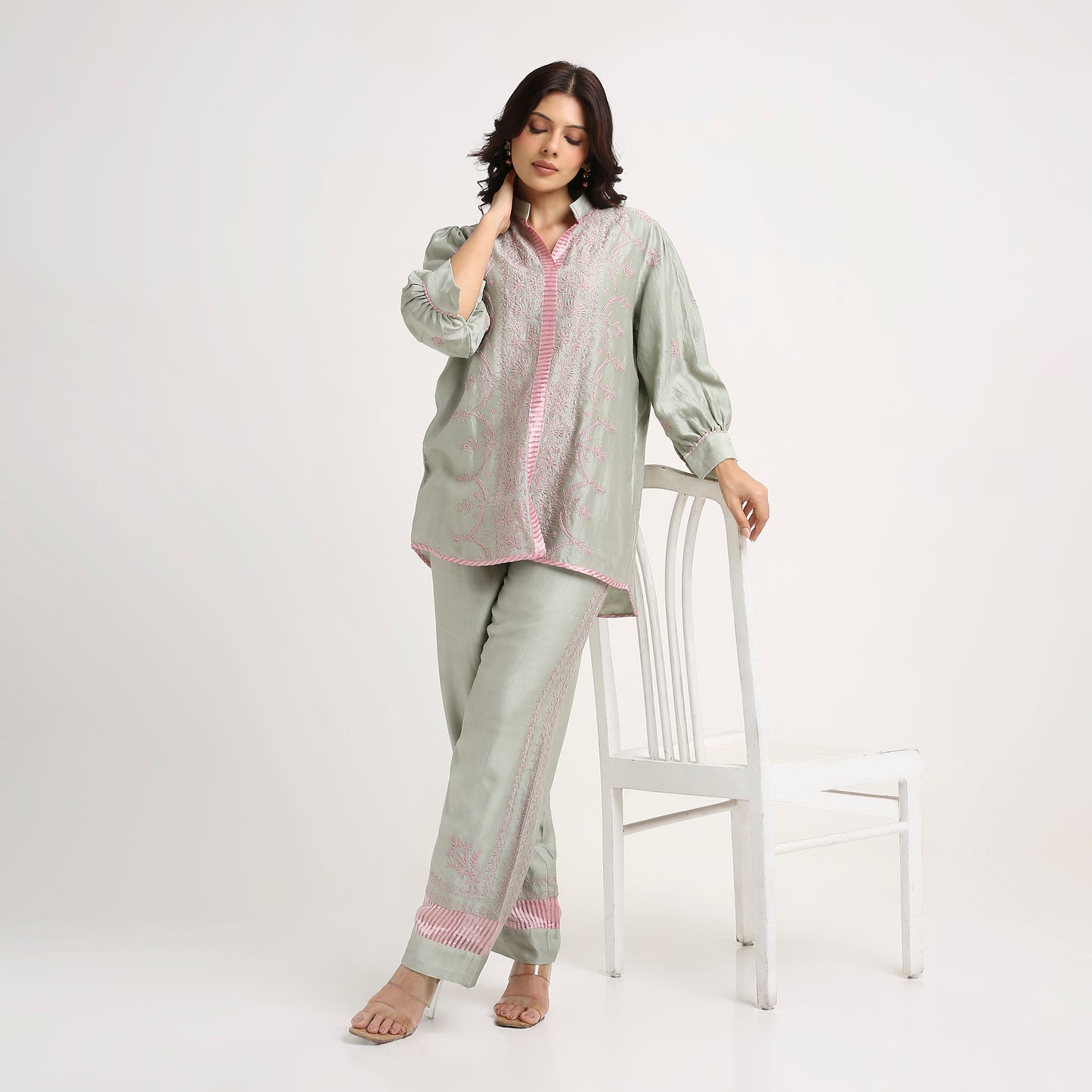 Chikankari Co ord in Sage Green Pure Chanderi Silk with Dusty Pink embroidery