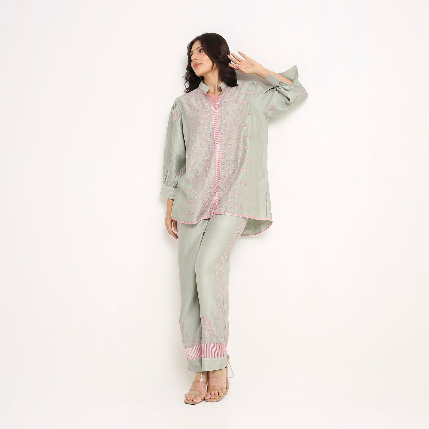 Chikankari Co ord in Sage Green Pure Chanderi Silk with Dusty Pink embroidery