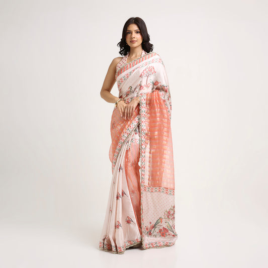 ‘Bloom Edit’ Apricot Blush & Rose Petal Ivory Silk Banarasi Tissue Painterly Saree