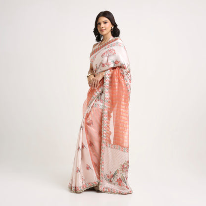 ‘Bloom Edit’ Apricot Blush & Rose Petal Ivory Silk Banarasi Tissue Painterly Saree