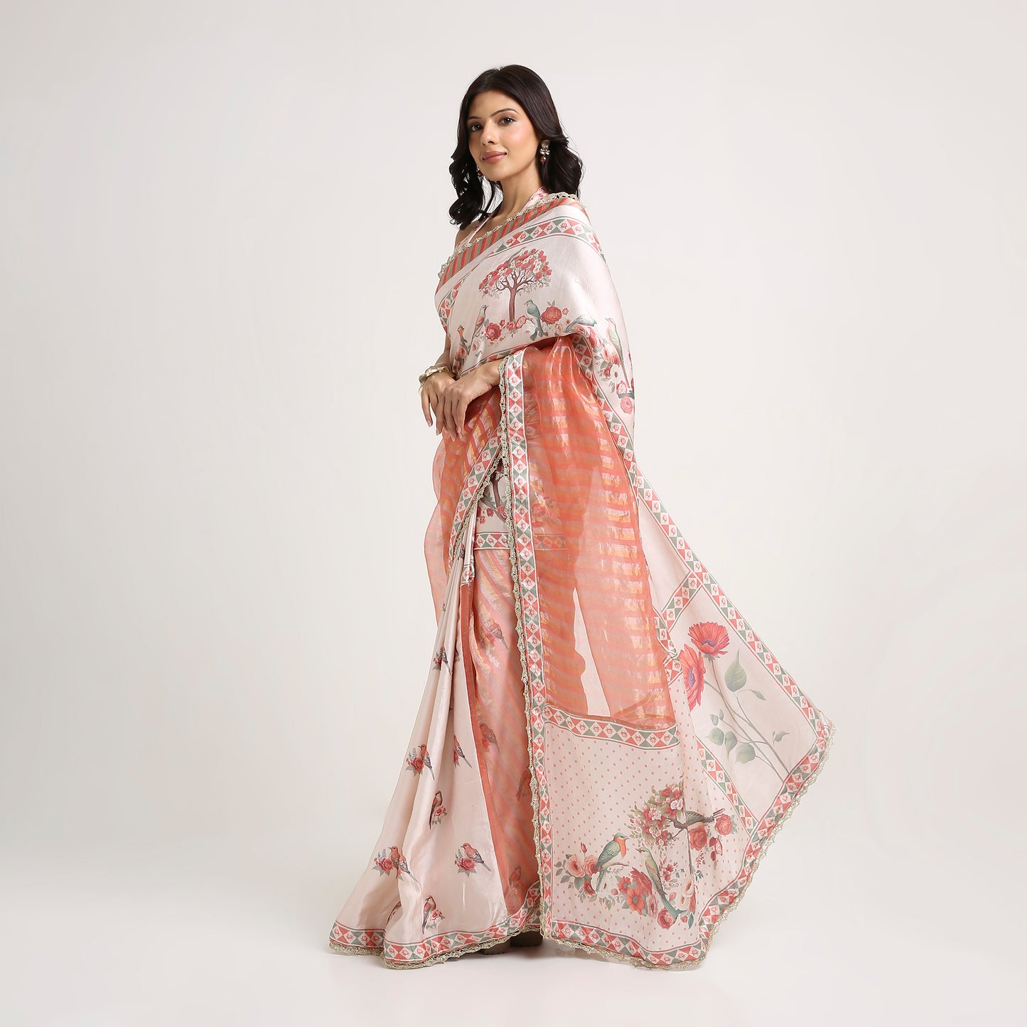 ‘Bloom Edit’ Apricot Blush & Rose Petal Ivory Silk Banarasi Tissue Painterly Saree