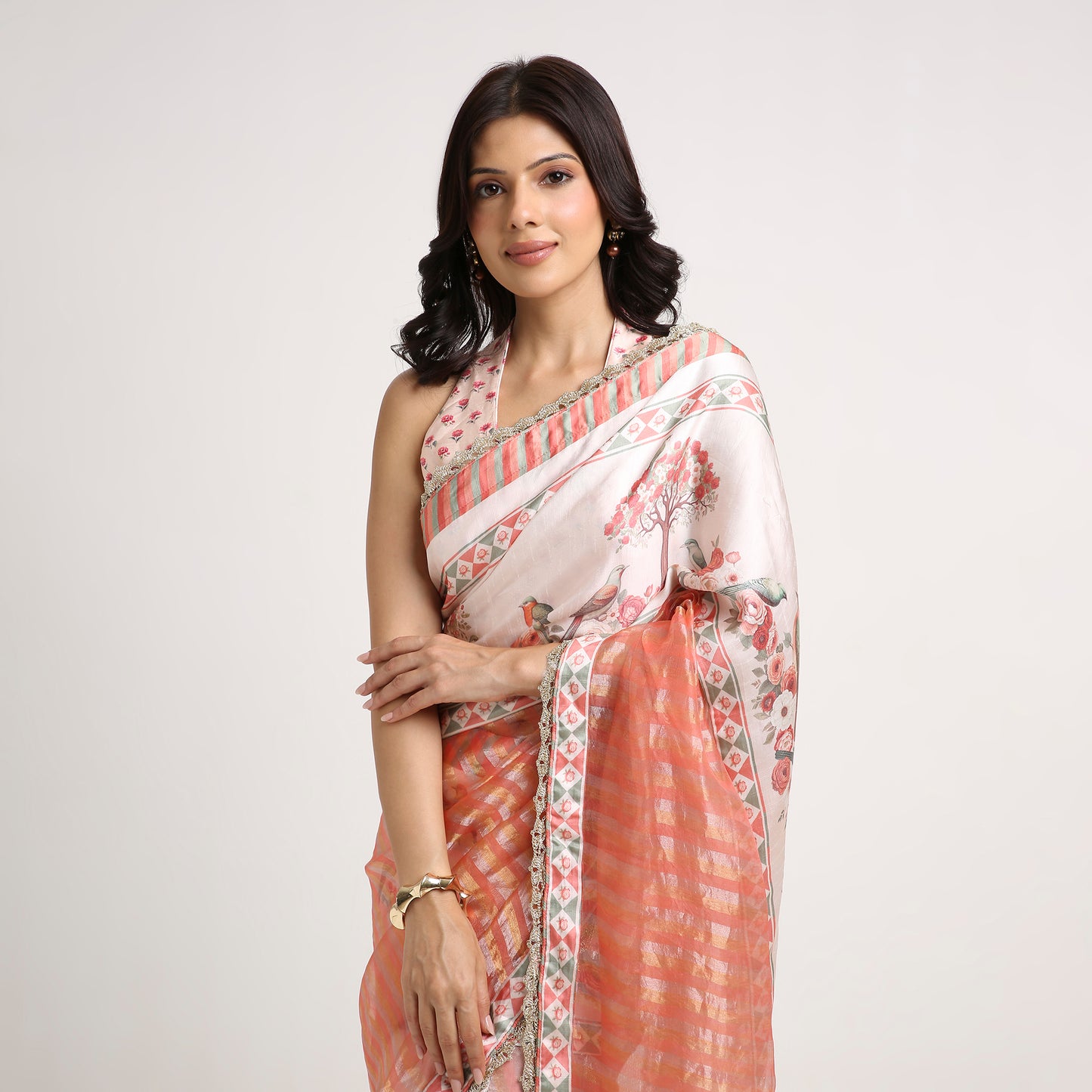 ‘Bloom Edit’ Apricot Blush & Rose Petal Ivory Silk Banarasi Tissue Painterly Saree