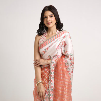 ‘Bloom Edit’ Apricot Blush & Rose Petal Ivory Silk Banarasi Tissue Painterly Saree