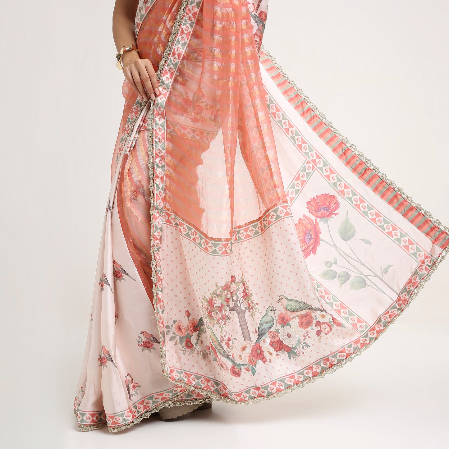 ‘Bloom Edit’ Apricot Blush & Rose Petal Ivory Silk Banarasi Tissue Painterly Saree