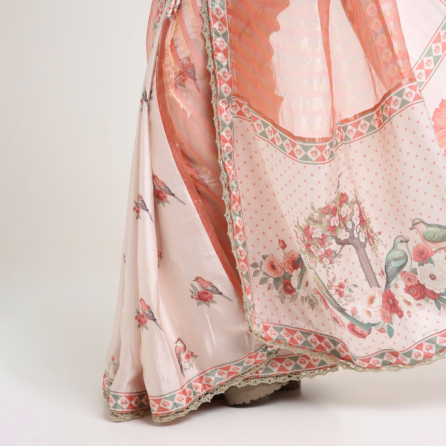 ‘Bloom Edit’ Apricot Blush & Rose Petal Ivory Silk Banarasi Tissue Painterly Saree