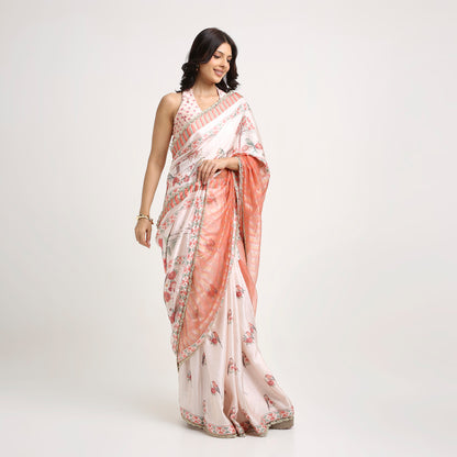 ‘Bloom Edit’ Apricot Blush & Rose Petal Ivory Silk Banarasi Tissue Painterly Saree