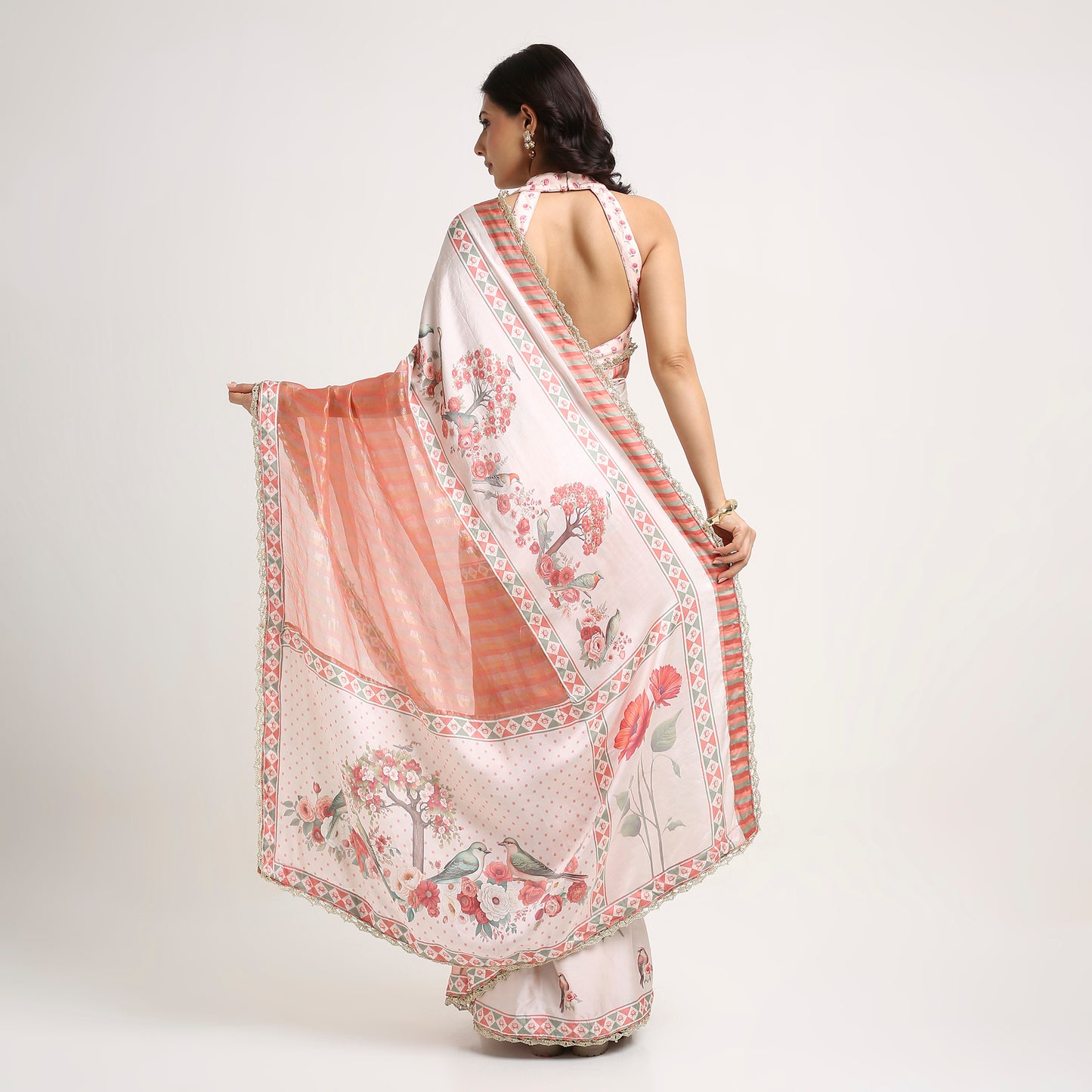 ‘Bloom Edit’ Apricot Blush & Rose Petal Ivory Silk Banarasi Tissue Painterly Saree