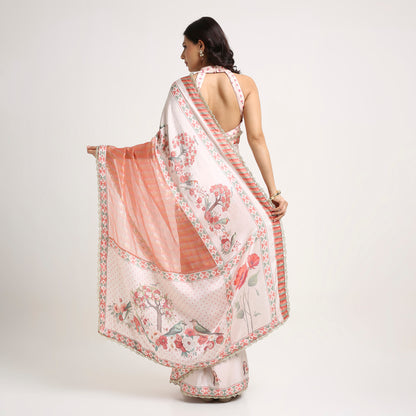 ‘Bloom Edit’ Apricot Blush & Rose Petal Ivory Silk Banarasi Tissue Painterly Saree