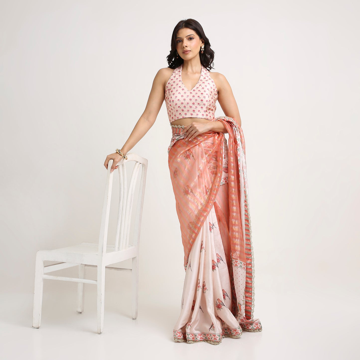 ‘Bloom Edit’ Apricot Blush & Rose Petal Ivory Silk Banarasi Tissue Painterly Saree