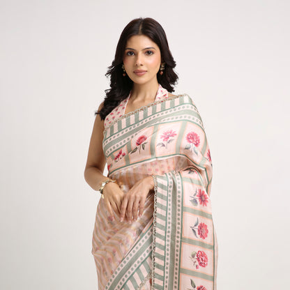 ‘Bloom Edit’ Blush Pink & Sage Green Silk Banarasi Tissue Painterly Saree